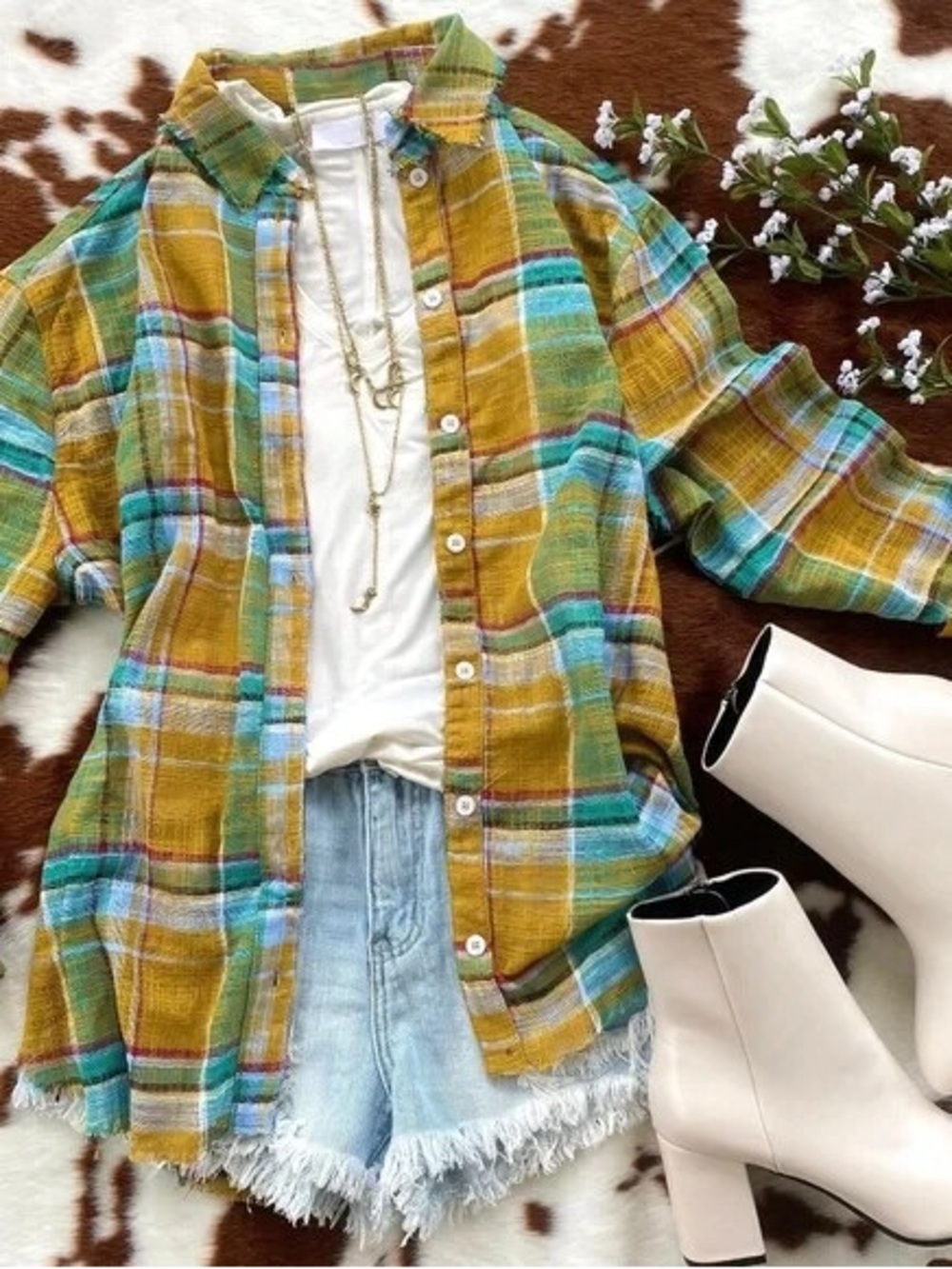 La miel Lightweight Mustard & Teal Plaid frayed Button-Up Shirt